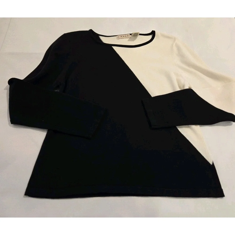 J Khaki Women's Sweater Long‎ Sleeve  Black Cream Colorblock 100% Cotton Size L